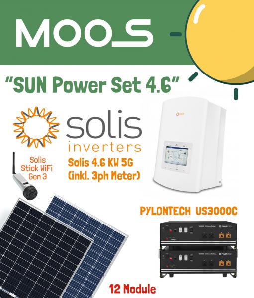 Mini PV „SUN Power Set 4.6“ inkl. 12 x Modul 380W*, 1 x Solis 4.6 KW 5G (inkl. 3ph Meter), 2 x PYLONTECH US3000C 48V 3,6 kWh, Solis WiFi Stick